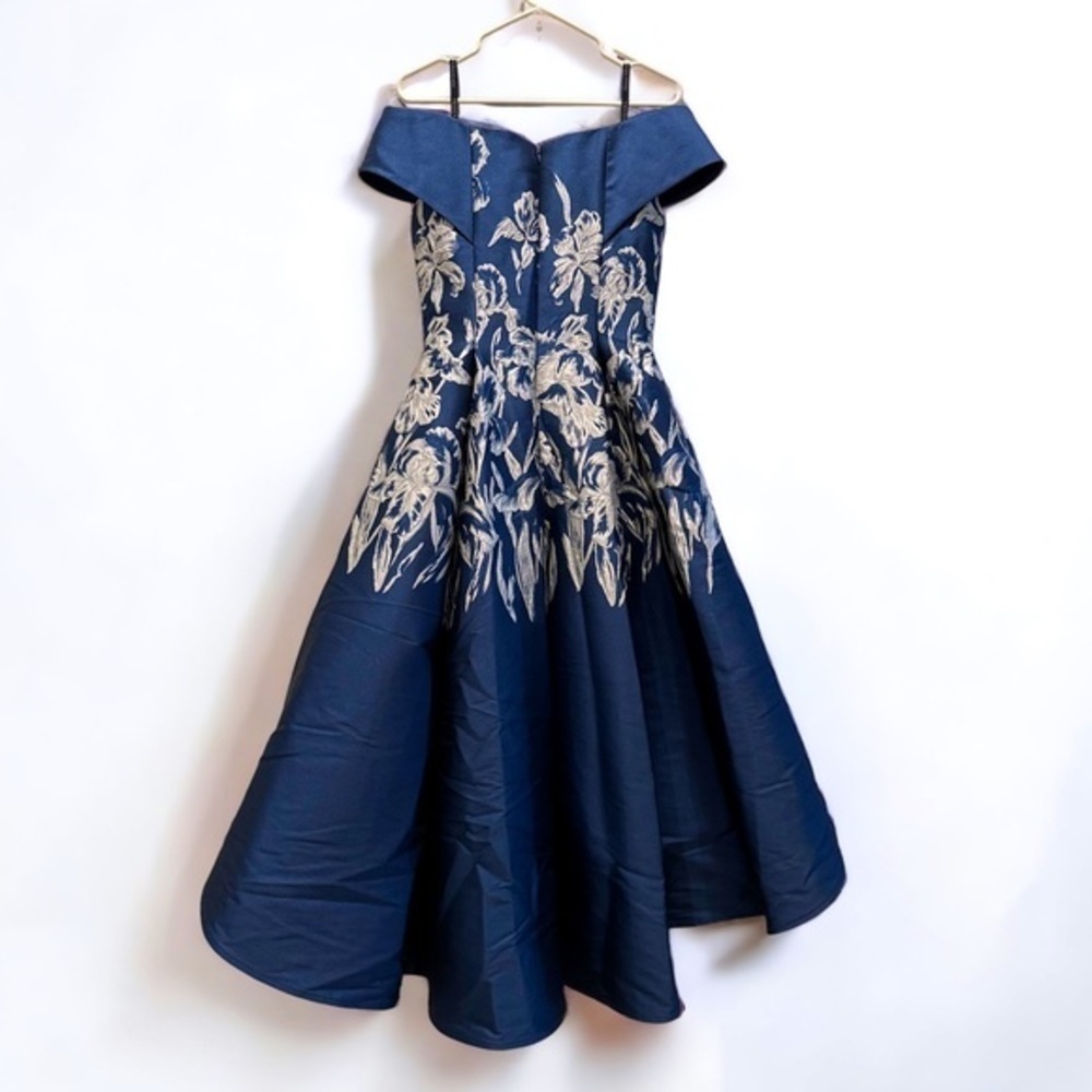Frascara 3850 Navy Blue Silk Blend Floral Jacquard Hi-Lo Off Shoulder Dress 6 - Picture 3 of 10